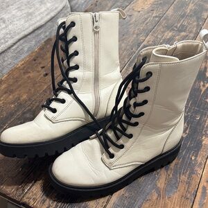 art class White Lace-Up Combat Boots with Black Lug Sole